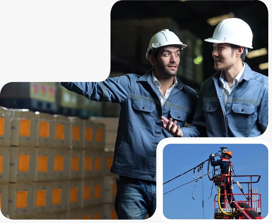 Safety professionals in warehouse and electrical worker on power lines