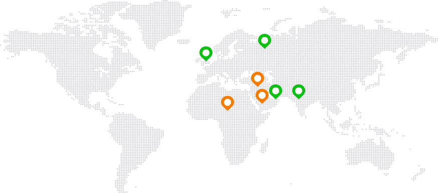 World presence map showing locations in UK, India, UAE and Europe